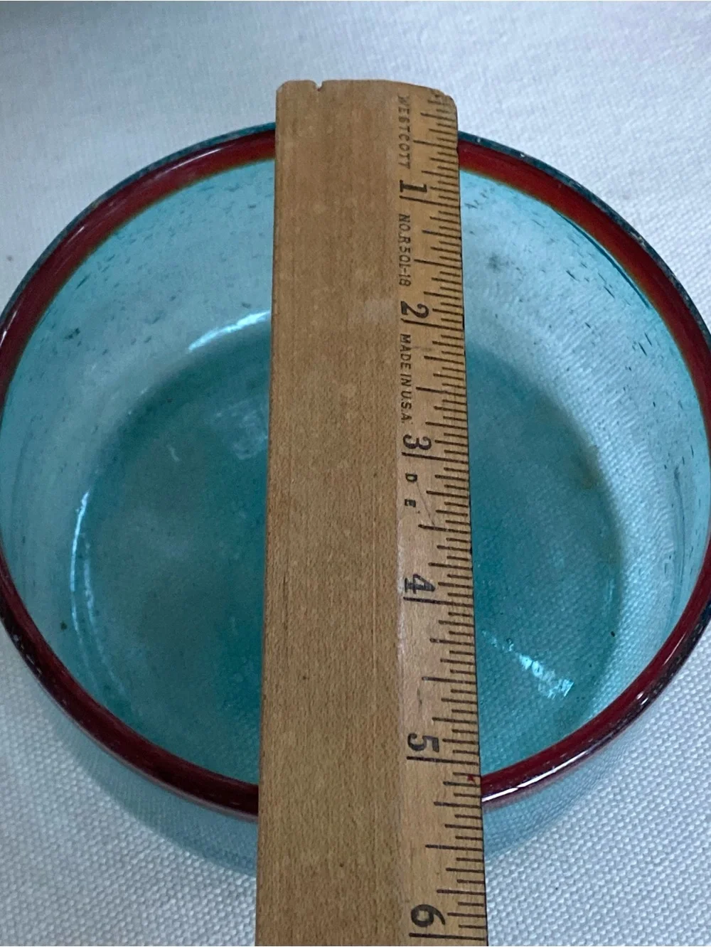 Handcrafted Recycled Glass Bowl Turquoise Aqua Blue with Red Amber Rim